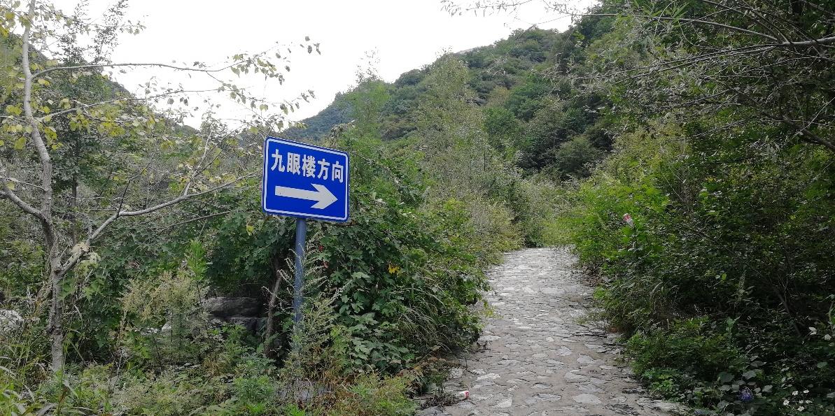 The blue sign reading “towards Jiuyanlou” where the road ends